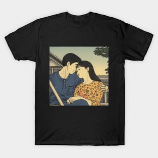 Pretty Asian Couple Hugging and Kissing on the Bench T-Shirt